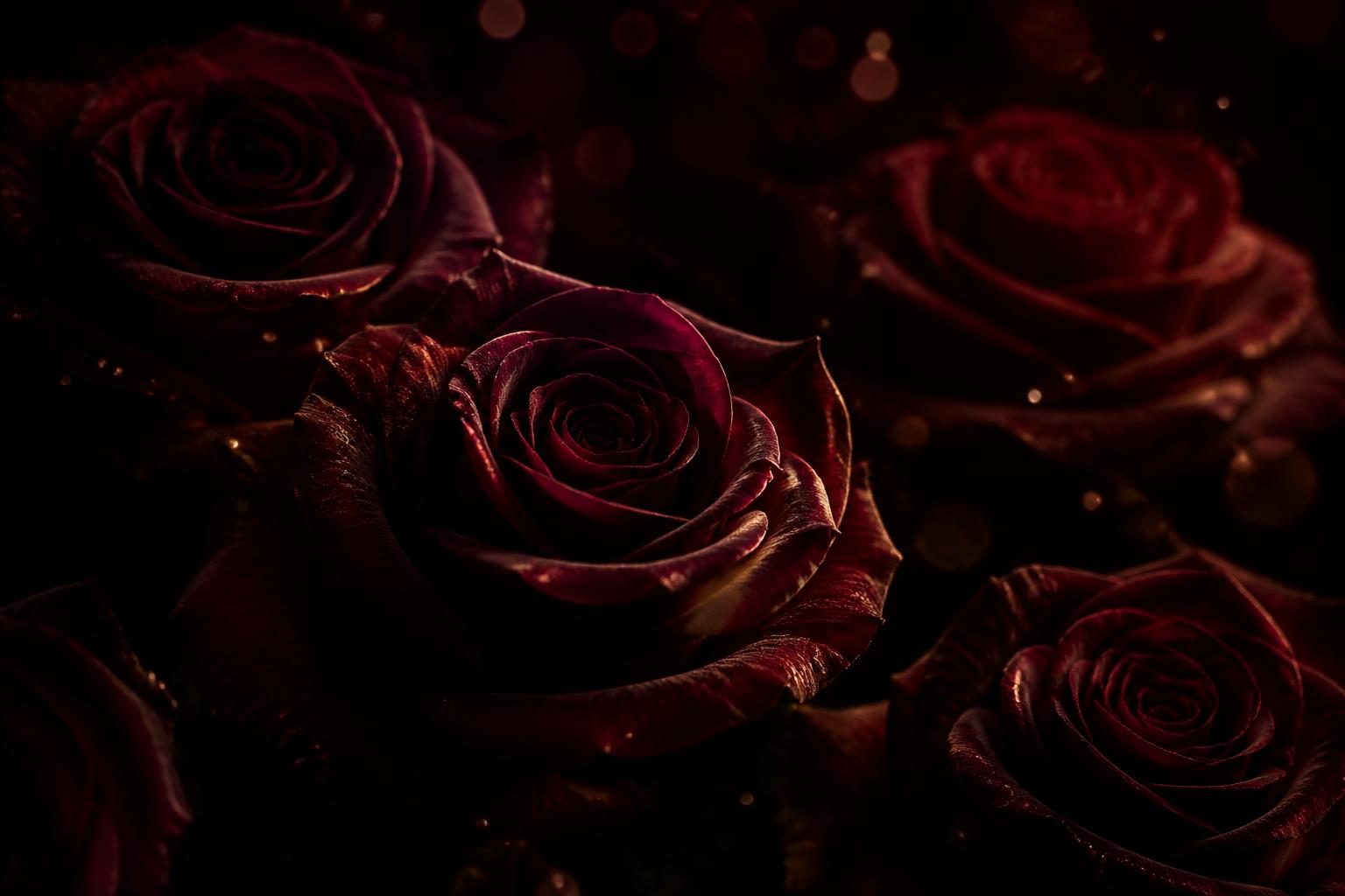 Rosas escuras iluminadas por luz dourada